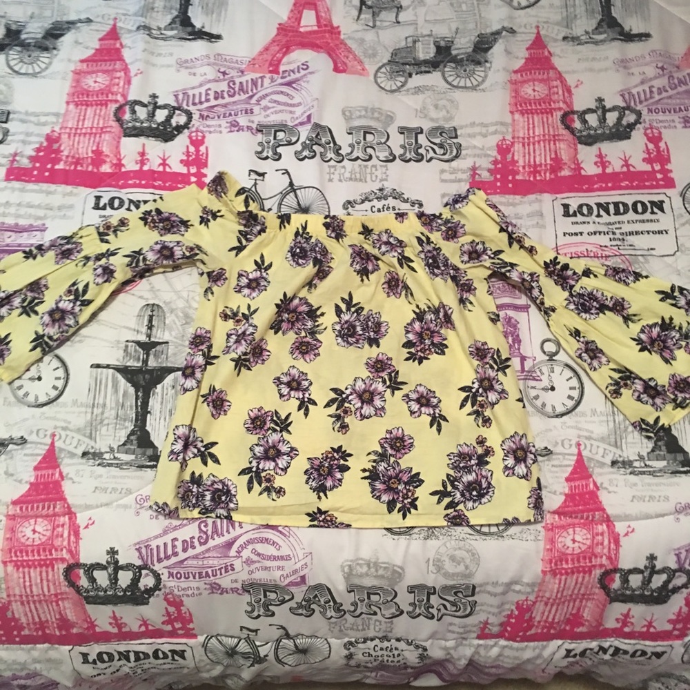 Yellow floral off the shoulder long sleeve shirt